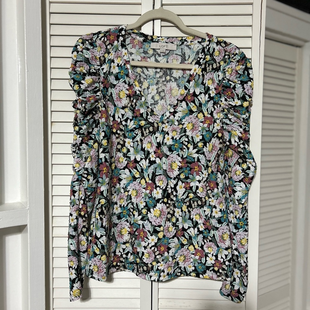 LOFT Ruffled Blouse with Teal Floral Design